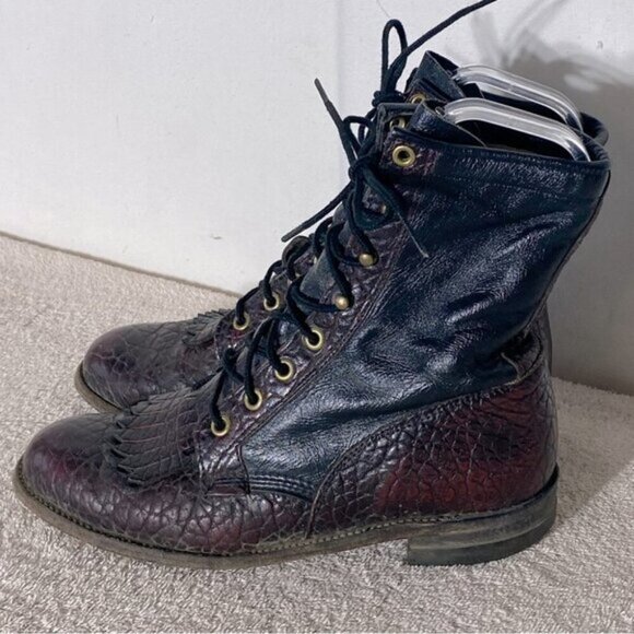 Vintage Justin Boots Pebbled Brown Burgundy Leather Packer Boots 7 - Picture 3 of 15